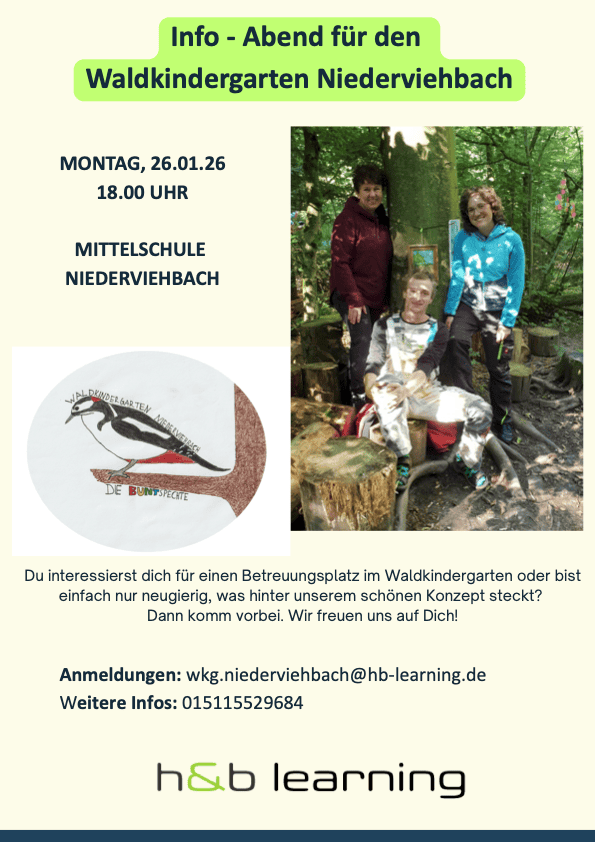 Infoabend für den Waldkindergarten Niederviehbach am 26.01.2026 um 18 Uhr in der Mittelschule Niederviehbach.