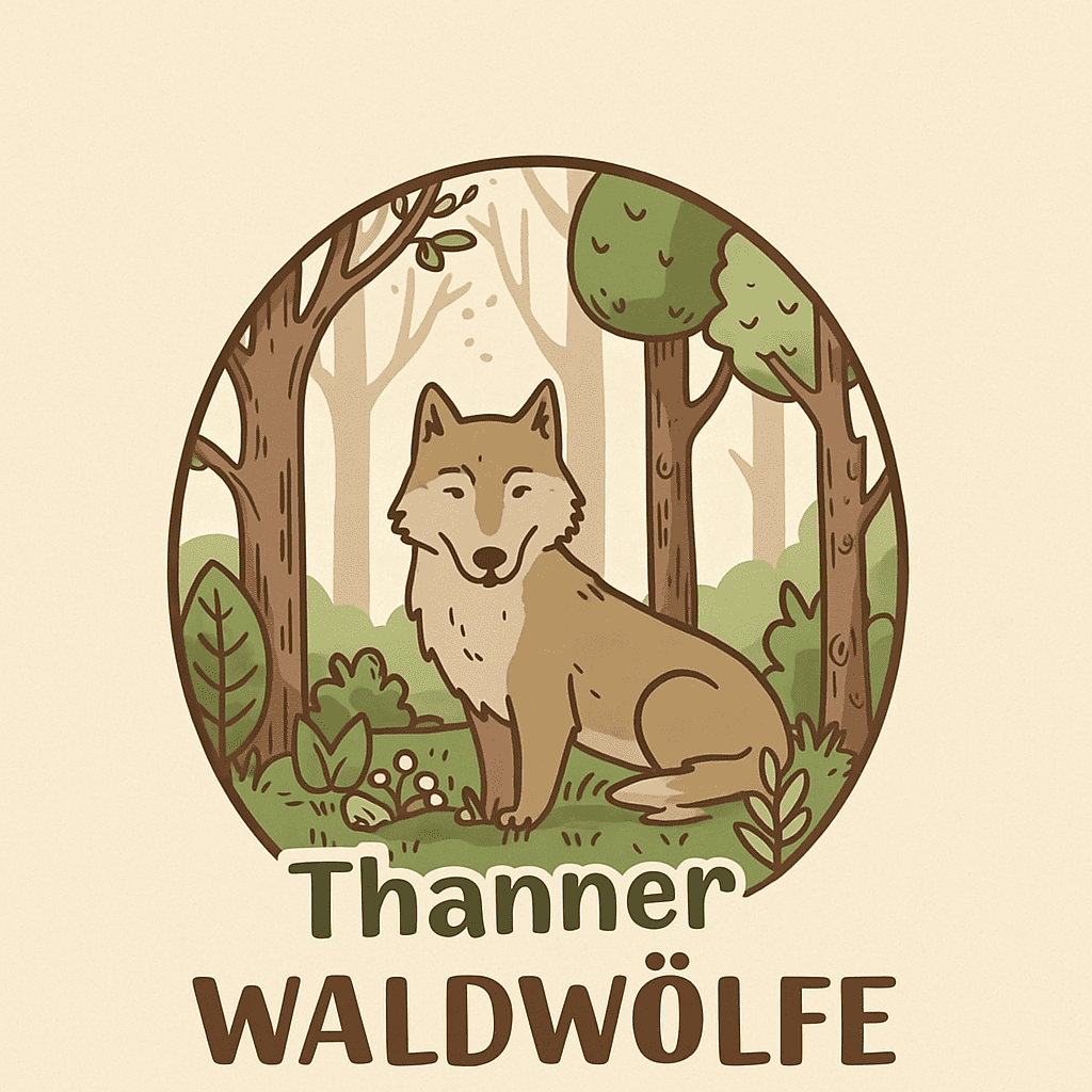 Logo Waldkindergarten Maria-Thann: Ein Illustriertes Bild eines Fuchses, der im Wald sitzt. Davor der Schriftzug Thanner Waldwölfe.