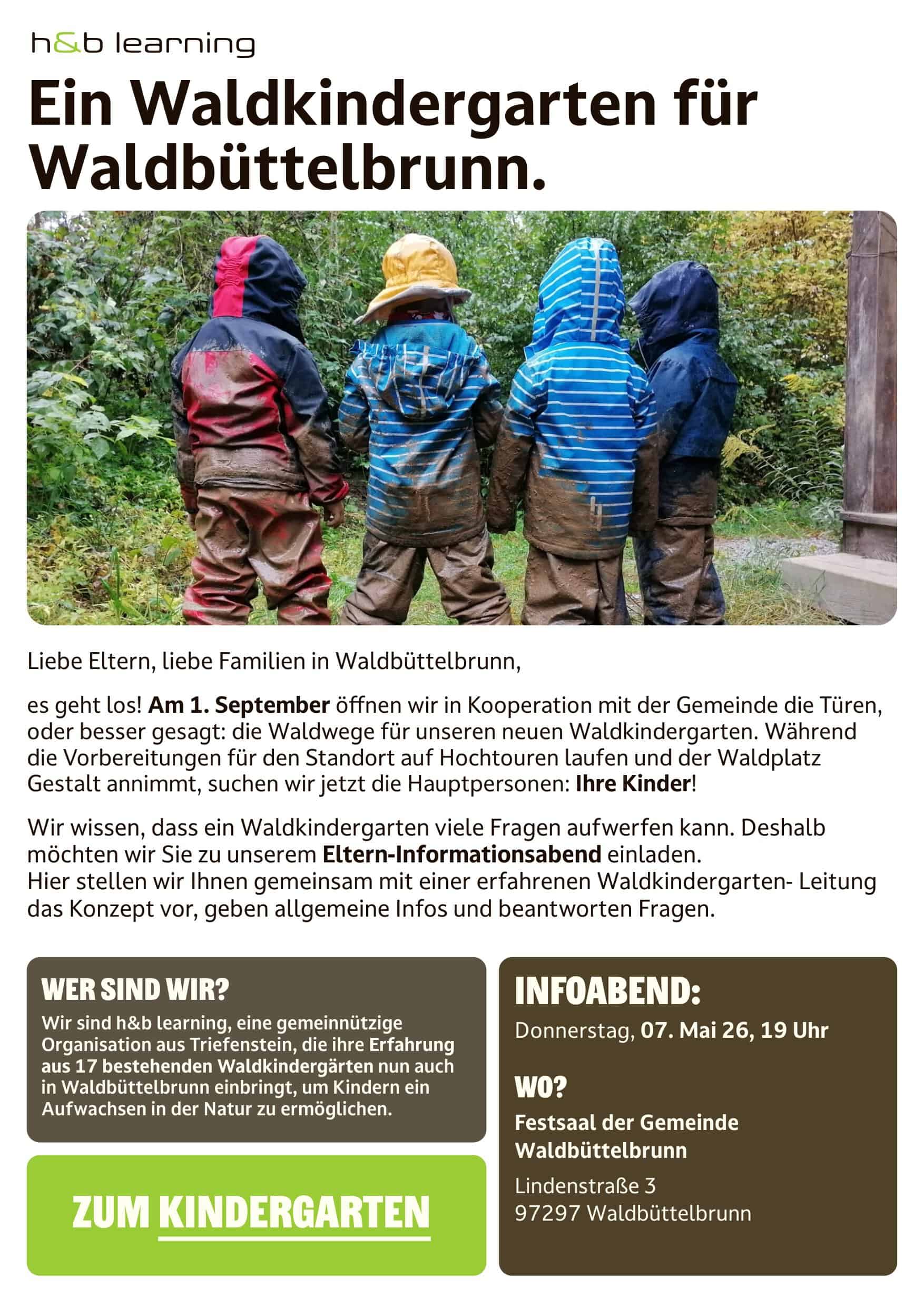Zum 1. September öffnet in Waldbüttelbrunn ein neuer Waldkindergarten. Infos und Einblicke erhalten Sie am Eltern-Infoabend am 7. Mai um 19 Uhr im Festsaal der Gemeinde Waldbüttelbrunn.