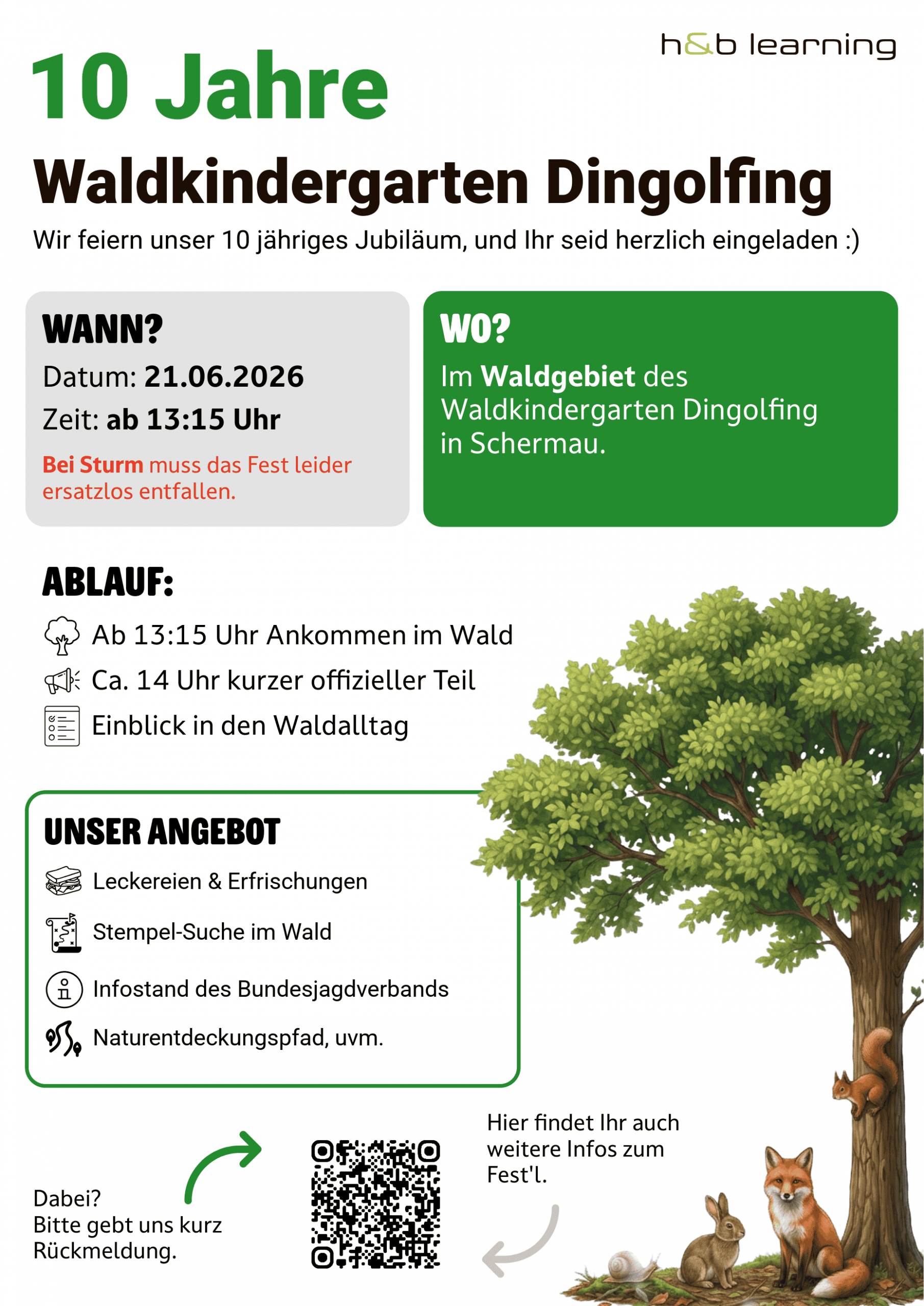 Am 21.06.26 feiert der Waldkindergarten Dingolfing sein 10 Jähriges Jubiläum. Die Feier findet im Waldgebiet des WKG Dingolfing in Schermau statt und startet ab 13:15 Uhr.