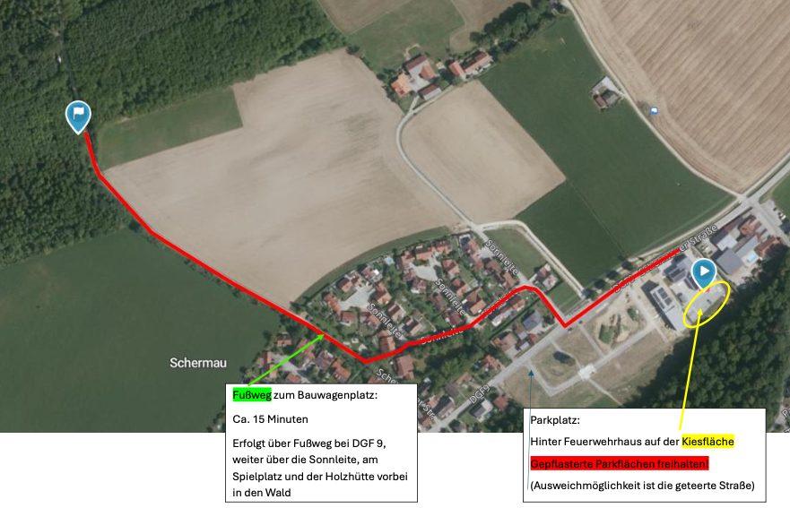 Wegbeschreibung zum Bauwagen des WKG Dingolfing: Vom Feuerwerhaus ausgehend benötigt Ihr ca. 15 Minuten. Der Fußweg erfolgt über DGF 9, weiter über die Sonnleite, am Spielplatz und der Holzhütte vorbei in den Wald.