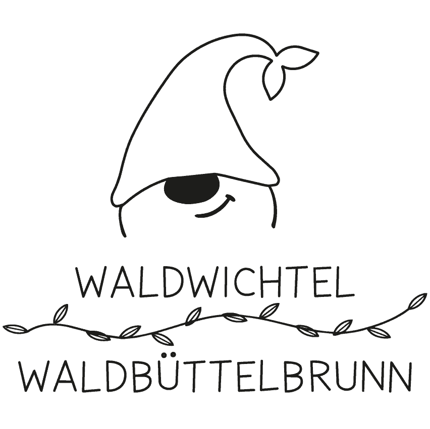 Das Logo des Waldkindergarten Waldwichtel Waldbüttelbrunn besteht aus einem angedeuteten Gesicht mit einer Zipfelmütze, darunter der Schriftzug "Waldwichtel Waldbüttelbrunn", horizontal getrennt durch einen gezeichneten Ast mit Blättern.