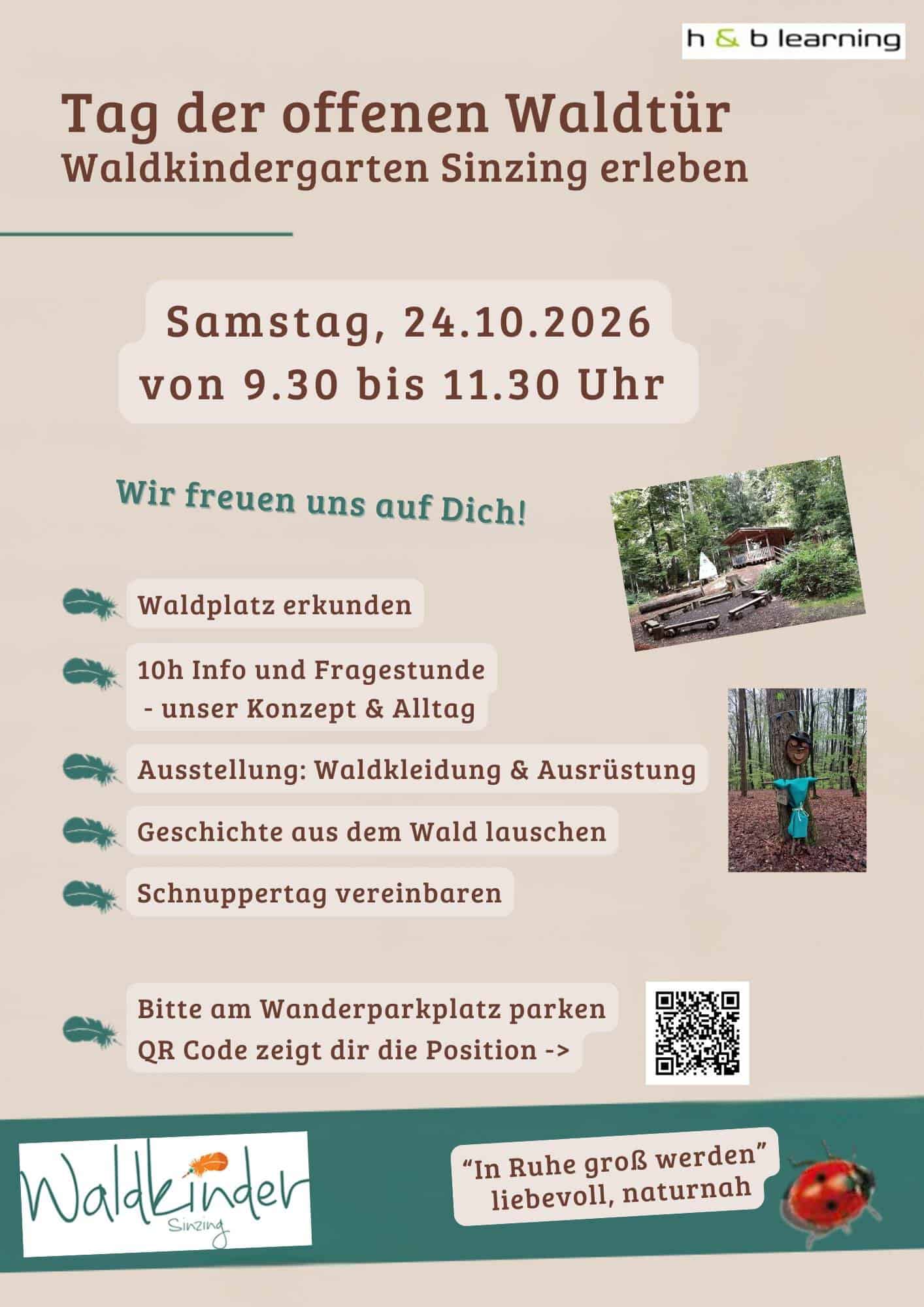 Am 24.10.26 öffnet der Waldkindergarten Sinzing von 9:30 bis 11:30 Uhr seine Türen für alle Interessierten.